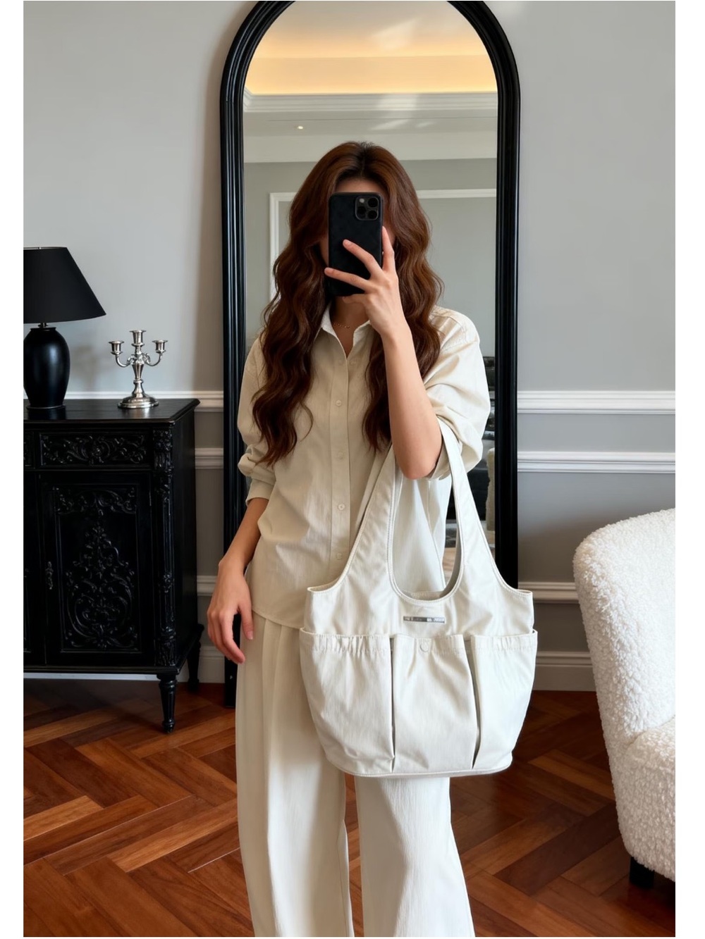 Korean Fashion Designer Brand-Cream Leather Everyday Tote with Patch Pockets